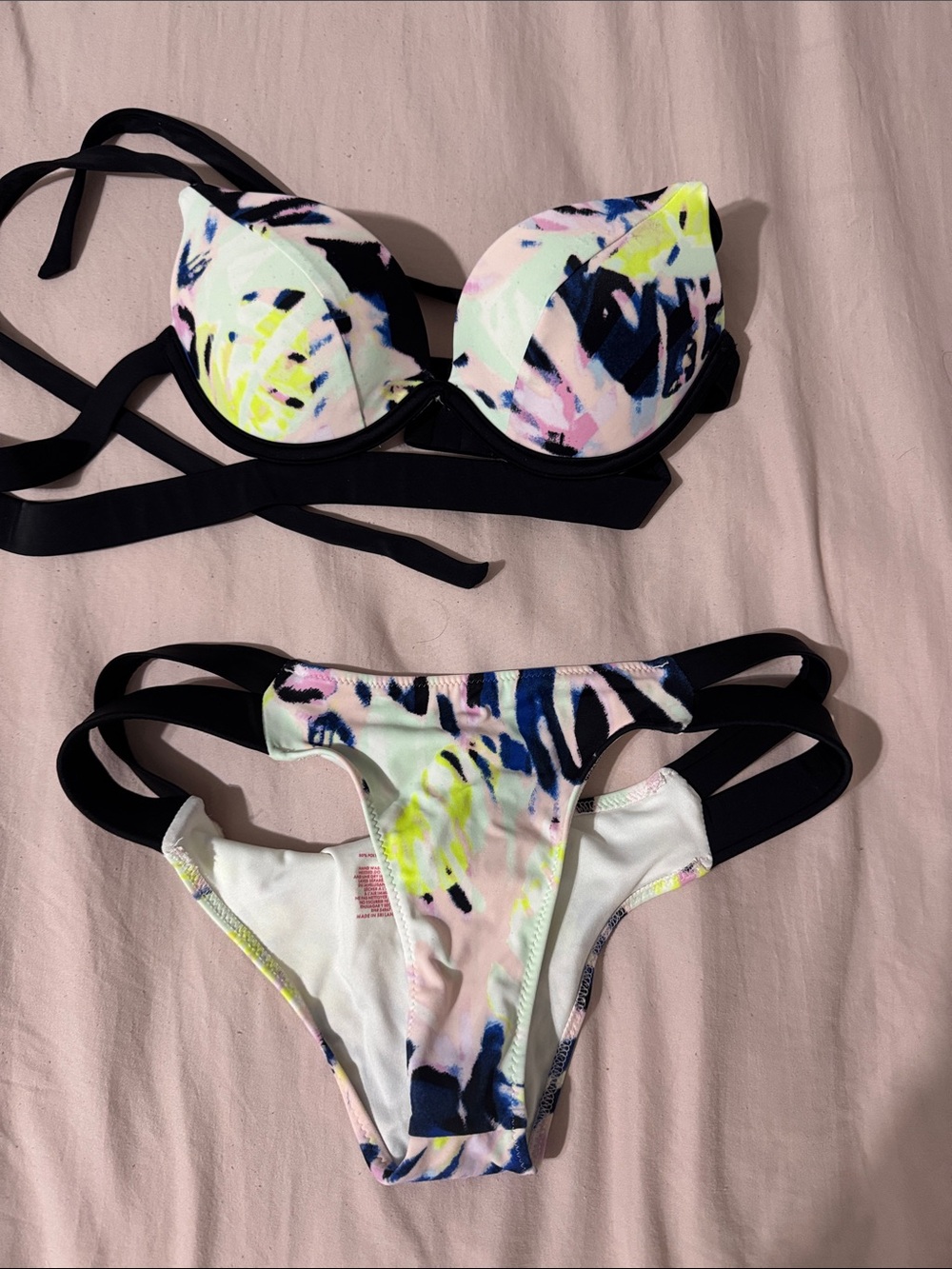 Victoria's Secret Neon Floral Push-Up Bikini Set - Black & Multicolor